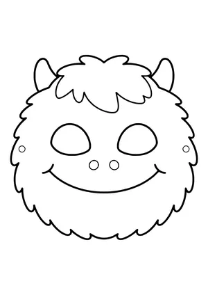 Fluffy, shaggy monster mask with a round face, tiny horns, and a big smile, ready to print