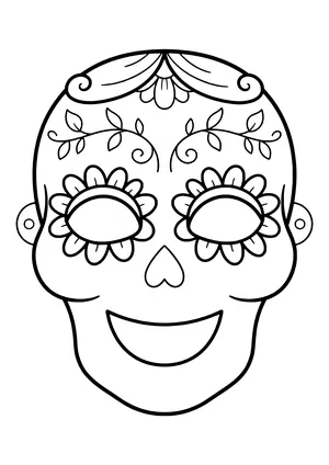 Cheerful sugar skull mask with big flowers around the eyes, a heart nose, and swirls, ready to print