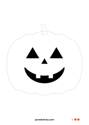 Jack o lantern face with two triangle eyes, a triangle nose and a wide crescent mouth with two teeth – printable pumpkin carving stencil
