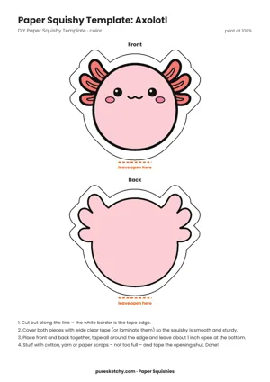 Colorful pink axolotl paper squishy with feathery gills, small eyes and a wide sweet smile