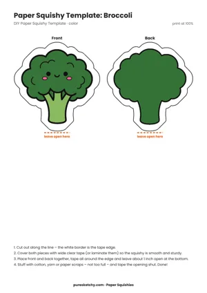 Green broccoli with a cloudy floret crown, pale stem and a wide laugh as a colorful paper squishy