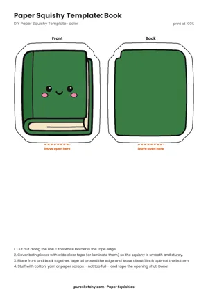 Closed red book with a bookmark ribbon and a smiling face on the cover as a paper squishy template
