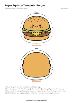 Stacked burger with sesame bun, lettuce, cheese and patty plus a grinning face as a paper squishy