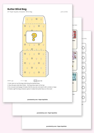 Yellow blind bag with question mark pattern, twelve butter draw cards with stars and a checklist