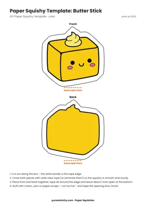 Yellow paper squishy butter stick with a half-open wrapper and a friendly face