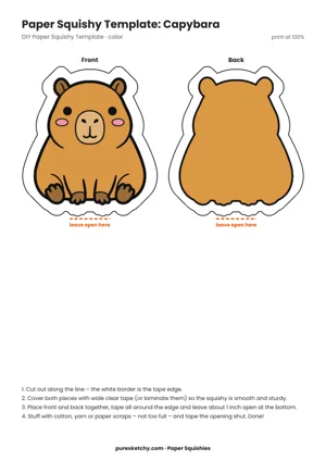 Colorful capybara paper squishy with brown fur, a wide snout, half-closed eyes and a calm look