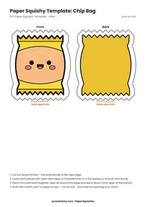 Colorful chip bag with zigzag sealed edges, a chip graphic and a cheeky face as a paper squishy