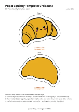 Golden-brown paper squishy croissant with a curved shape, ridges and a smiling face