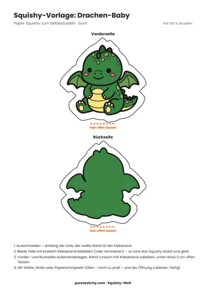 Bunter Drachen-Baby-Squishy in Grün mit kleinen Flügeln, Stachelkamm am Rücken, Kulleraugen und einem winzigen Feuerfunken