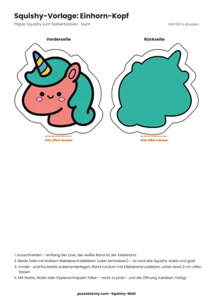 Bunter Einhorn-Squishy mit weißem Gesicht, goldenem Horn, pastellfarbener Mähne, Glitzeraugen und rosa Wangen