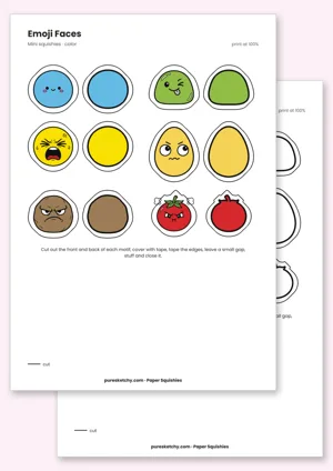 Round colorful mini squishies with happy, cheeky, grumpy and screaming faces arranged in rows