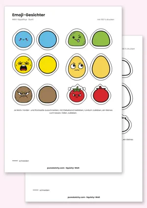 Runde bunte Mini-Squishys mit fröhlichen, frechen, grummeligen und schreienden Gesichtern in Reihen