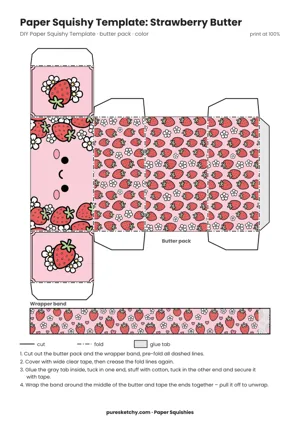 Pink paper butter pack with a sweet face, red strawberries and small white flowers