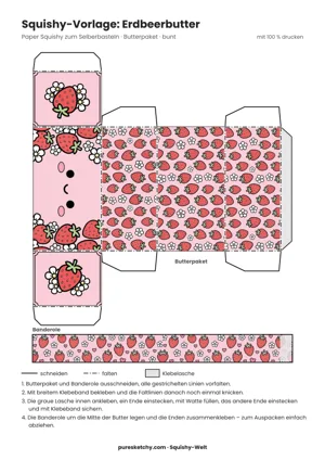 Rosa Papier-Butterpaket mit süßem Gesicht, roten Erdbeeren und kleinen weißen Blüten