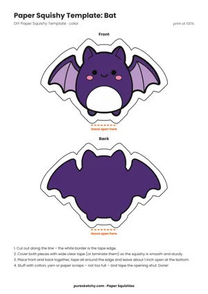 Dark purple bat with spread wings, pointy ears, big eyes and tiny fangs
