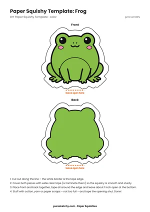 Colorful frog paper squishy with green skin, bulging eyes, a wide mouth and a light belly