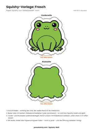 Bunter Frosch-Squishy mit grüner Haut, hervorstehenden Augen, breitem Mund und hellem Bauch