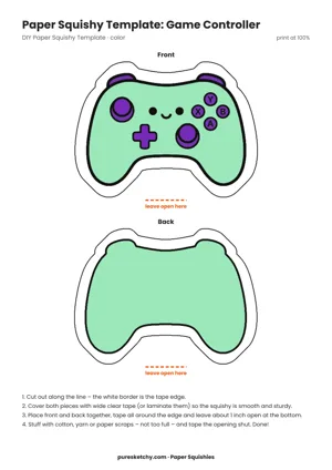 Purple game controller with colorful buttons, a directional pad and a smiling face as a paper squishy template