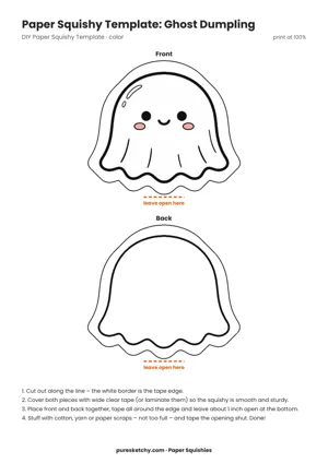 White paper squishy dumpling shaped like a little ghost with a wavy hem and sweet face