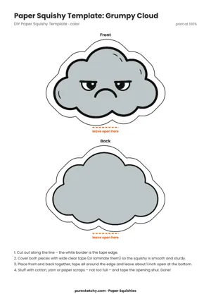 Gray rain cloud with a sulky face, a lightning bolt and blue raindrops falling below