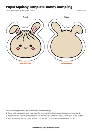 Paper squishy dumpling with two long bunny ears, pink cheeks and a sweet face