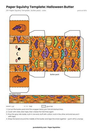 Orange paper butter pack with a friendly face, smiling pumpkins, bats and stars