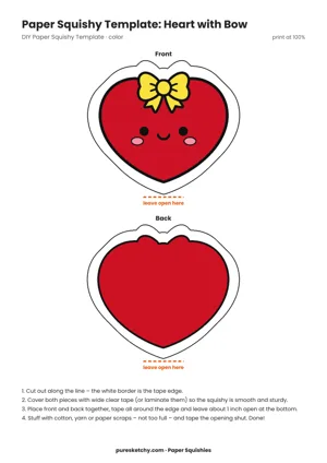 Pink smiling heart with a red bow on top as a paper squishy template