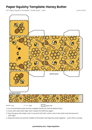 Honey-yellow paper butter pack with a face, honeycombs, a honey dipper and tiny bees