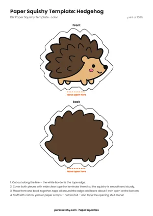 Colorful hedgehog paper squishy with brown spikes, a light face, black nose and small feet