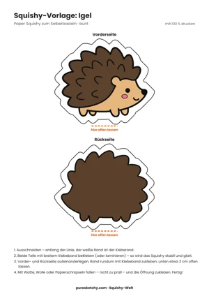 Bunter Igel-Squishy mit braunen Stacheln, hellem Gesicht, schwarzer Nase und kleinen Füßen