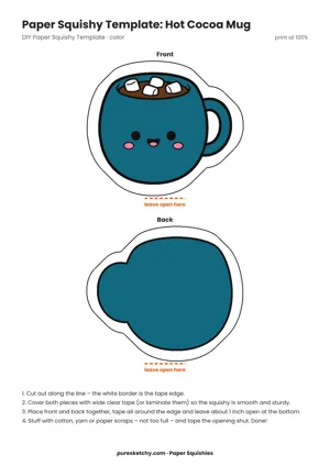 Steaming mug of cocoa with marshmallows and cream, a handle and a cozy face as a paper squishy
