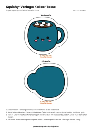 Dampfende Tasse mit Kakao, Marshmallows und Sahne, Henkel und gemütlichem Gesicht als Papier-Squishy