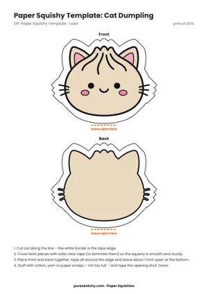 Paper squishy dumpling with pointy cat ears, whiskers and a happy little smile