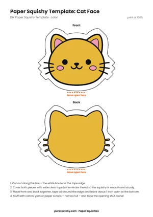 Colorful cat face paper squishy with orange fur, whiskers, pointy ears and a happy smile
