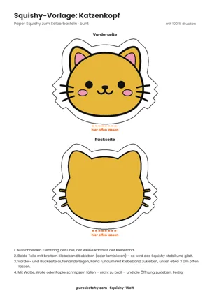Bunter Katzenkopf-Squishy mit orangefarbenem Fell, Schnurrhaaren, spitzen Ohren und zufriedenem Lächeln