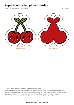Two smiling red cherries with a green stem and leaf as a colorful paper squishy template