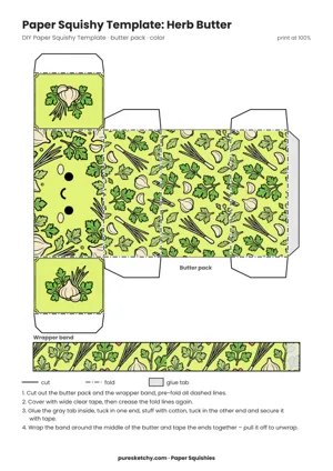Light green and yellow paper butter pack with a face, parsley, chives and garlic cloves