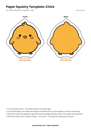 Round yellow chick with an orange beak and tiny wings as a paper squishy template
