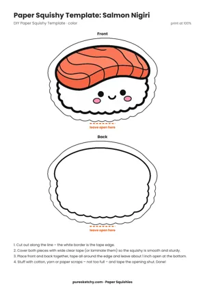 Paper squishy nigiri with an orange salmon slice on rice and a smiling face