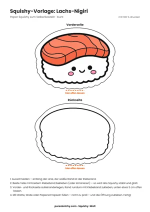 Papier-Squishy-Nigiri mit orangefarbener Lachsscheibe auf Reis und lächelndem Gesicht