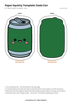 Colorful drink can with a lemon slice, fizzy bubbles, a pull tab on top and a laughing face as a paper squishy