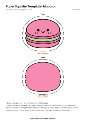 Pink macaron with a light cream filling, ruffled edge and a friendly face