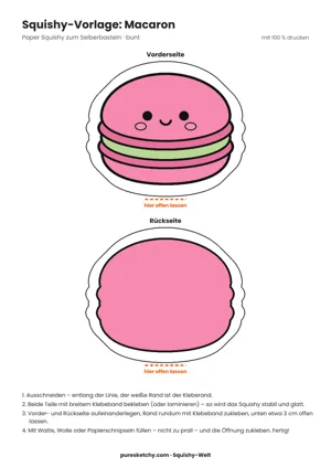 Rosa Macaron mit heller Cremefüllung, gerüschtem Rand und freundlichem Gesicht