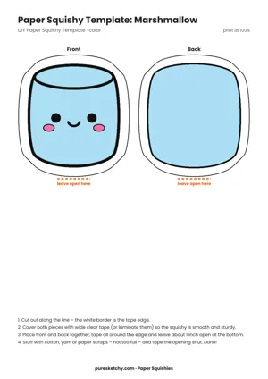 White marshmallow with pink cheeks, softly puffed edges and a dreamy little smile