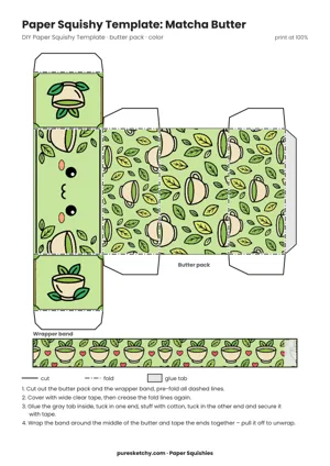 Soft green paper butter pack with a calm face, a small tea bowl and tea leaves