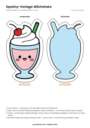 Hohes Glas mit rosa Milchshake, Sahnehaube, Kirsche und Strohhalm und einem lächelnden Gesicht als Papier-Squishy