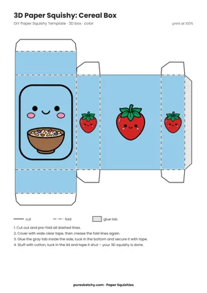 Colorful cereal box fold-out template with a smiling face and cereal flakes on the front