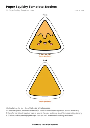 Triangle nacho chip with a golden crust, dripping cheese and a cheeky face as a paper squishy