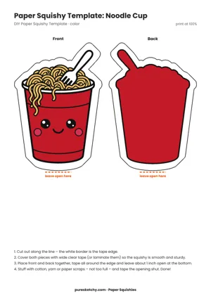 Paper squishy noodle cup with a colorful label, steam and a friendly face
