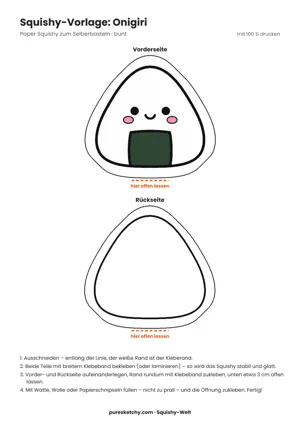 Dreieckiger Papier-Squishy-Onigiri mit Nori-Streifen und kleinem lächelnden Gesicht